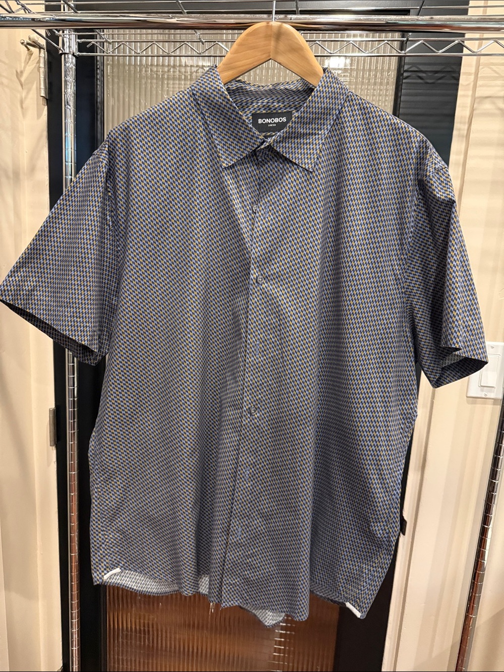 Bonobos Men’s XXL Slim Fit Short Sleeve Shirt Blue Gold Houndstooth Stretch